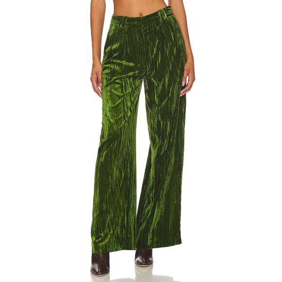 NBD Crinkled Velvet Pleated Trousers Juniper Green Pants High Rise‎ Sz S